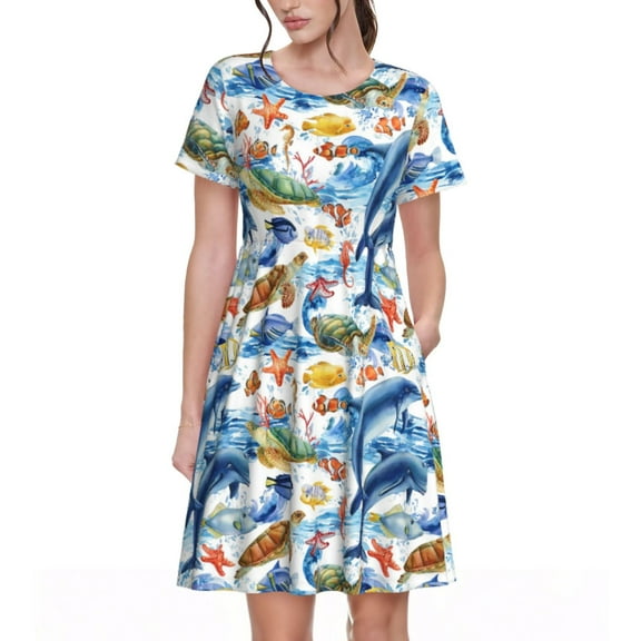 Rateoe Marine Animals Pattern Women’s Short Sleeve Dress – Casual Elegant Summer A-Line Dress for Everyday Wear