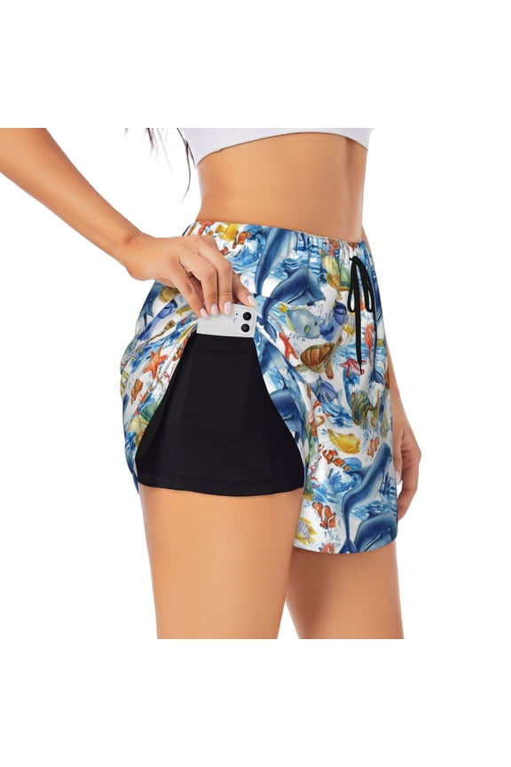 Marine Animals Printed 2 in 1 Women's Workout Shorts for Athletic Gym Running Shorts with Phone Pockets-Medium
