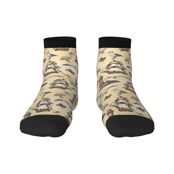 Rateoe Marine Birds And Coastal Lighthouse Pattern Quarter Crew Socks,Toe Seamed Ankle Socks,Cotton Cushioned Breathable Athletic Crew Sports Socks