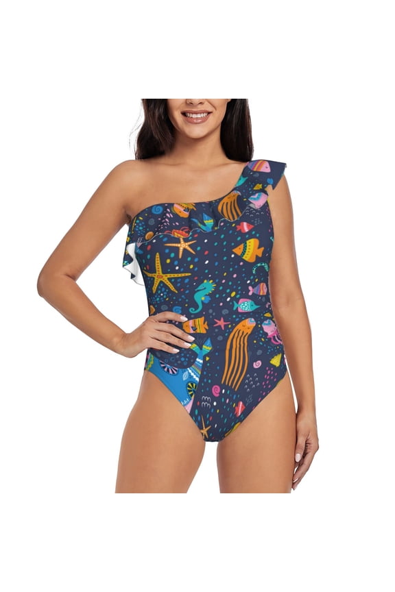 Marine Inhabitants Pattern Women One Piece Swimsuits Tummy Control One Shoulder Bathing Suits Ruffle Swimwear-XX-Large
