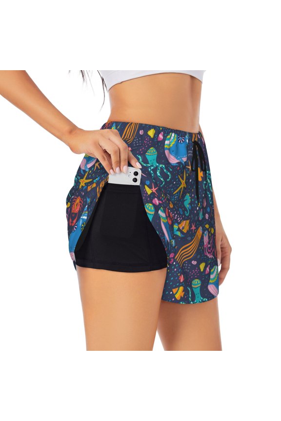 Marine Inhabitants Printed 2 in 1 Women's Workout Shorts for Athletic Gym Running Shorts with Phone Pockets-