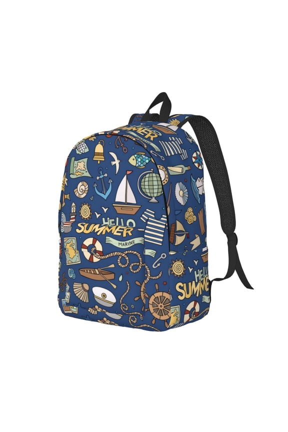 Marine Nautical Pattern Durable Canvas Backpack for Men & Women – Stylish & Lightweight – Adjustable Straps, Multiple Pockets – Fits 15-17 Inch LaptopsSmall