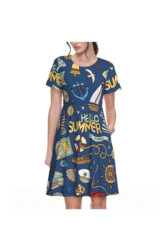 Marine Nautical Pattern Women’s Short Sleeve Dress – Casual Elegant Summer A-Line Dress for Everyday Wear