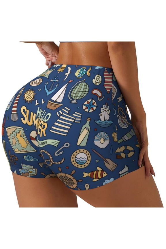 Marine Nautical Printed Power Workout Shorts for Women Tummy Control Squat Proof Ribbed Thick Seamless Scrunch Active Short-Small