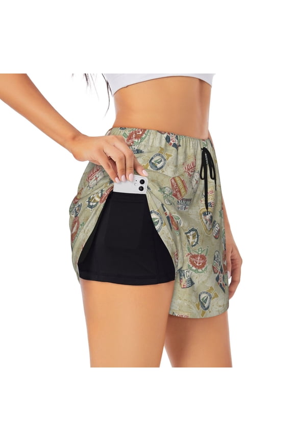 Marine Sailing Badges Printed 2 in 1 Women's Workout Shorts for Athletic Gym Running Shorts with Phone Pockets-Small