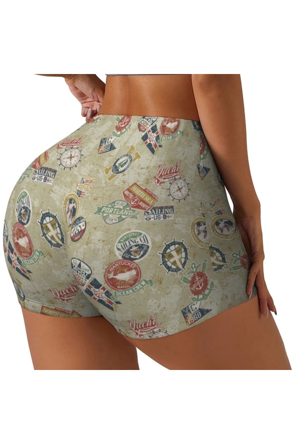 Marine Sailing Badges Printed Power Workout Shorts for Women Tummy Control Squat Proof Ribbed Thick Seamless Scrunch Active Short-Large