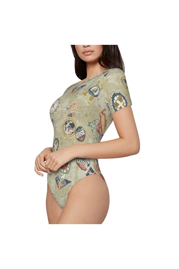 Marine Sailing Badges Printed Women Rash Guard Short Sleeve,Tummy control Swimsuit Surfing Swimsuit Bathing Suit Short-sleeved Onesie UPF 50+