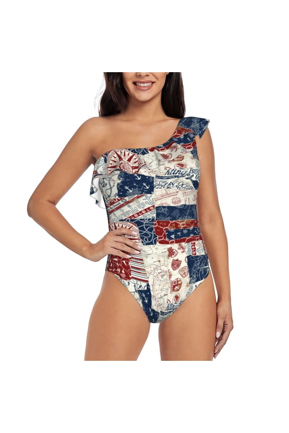 Marine Sailing Pattern Women One Piece Swimsuits Tummy Control One Shoulder Bathing Suits Ruffle Swimwear-X-Large