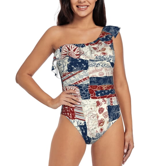Rateoe Marine Sailing Pattern Women One Piece Swimsuits Tummy Control One Shoulder Bathing Suits Ruffle Swimwear-X-Large