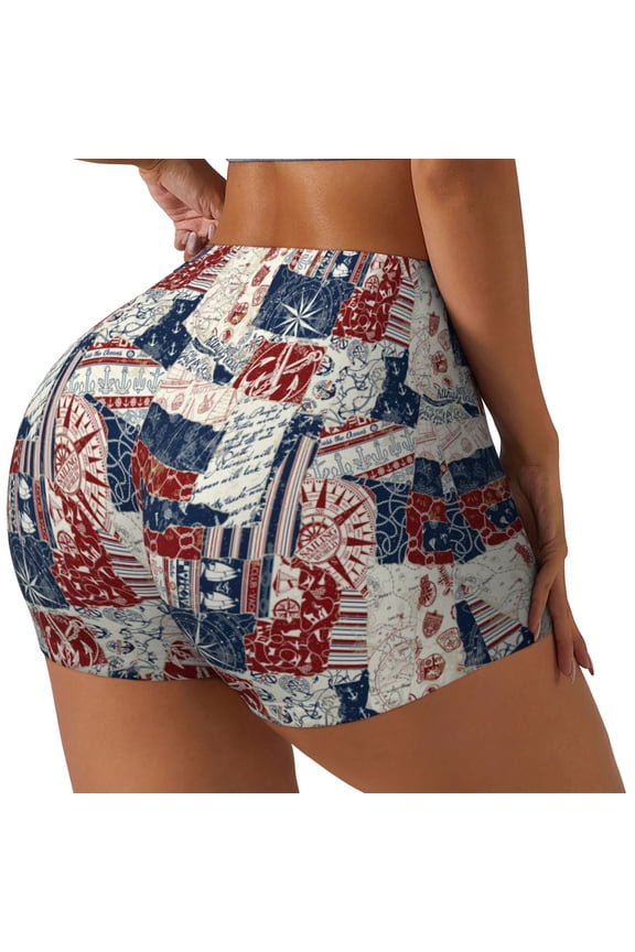 Marine Sailing Printed Power Workout Shorts for Women Tummy Control Squat Proof Ribbed Thick Seamless Scrunch Active Short-Medium