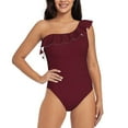 thumbnail image 1 of Rateoe Maroon Pattern Women One Piece Swimsuits Tummy Control One Shoulder Bathing Suits Ruffle Swimwear-XX-Large, 1 of 6