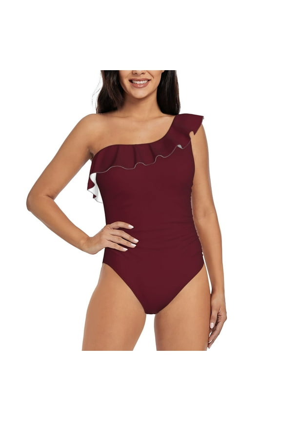Maroon Pattern Women One Piece Swimsuits Tummy Control One Shoulder Bathing Suits Ruffle Swimwear-