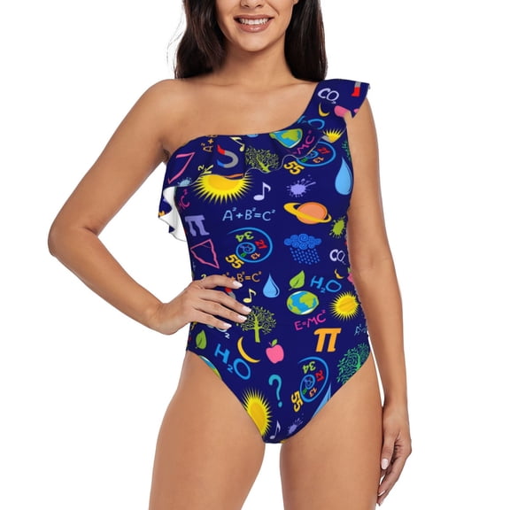 Rateoe Mathematics And Chemistry Pattern Women One Piece Swimsuits Tummy Control One Shoulder Bathing Suits Ruffle Swimwear-Large
