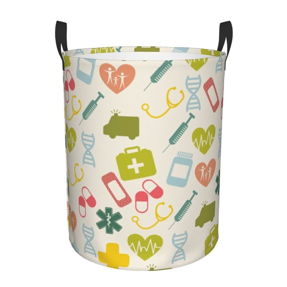 Rateoe Medical Icons Pattern Round Laundry Hamper Basket, Tall Hamper Basket for Blanket Storage, Nursery Clothes Hamper for Laundry in Bedroom and College Dorm-Small