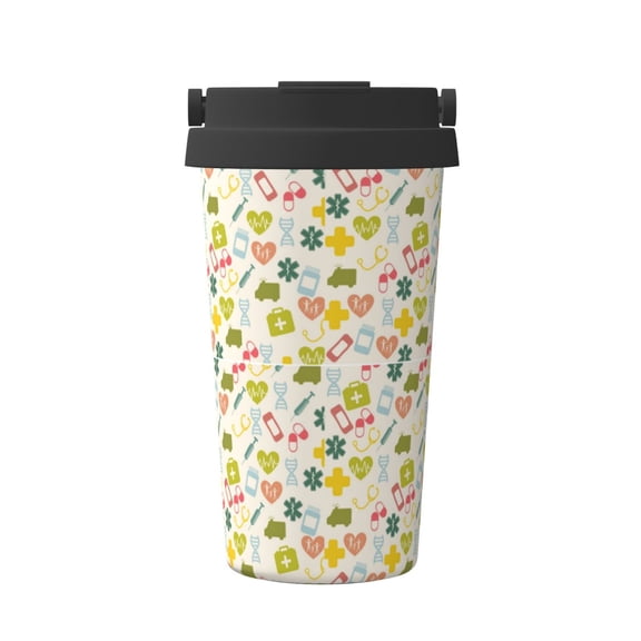 Rateoe Medical Icons Pattern Travel Coffee Mug Tumbler with Flip Lid | Reusable Insulated Stainless Steel Cold Brew Iced Coffee Cup Thermos