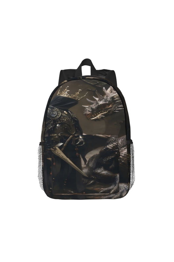 Medieval Knight And Dragon Pattern Student Backpack Water-resistant Backpack 15-inch Laptop Backpack Lightweight Adjustable School Backpack