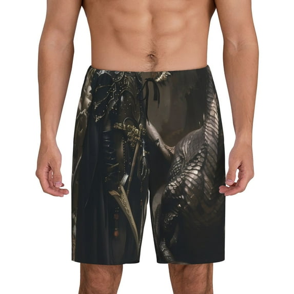 Rateoe Medieval Knight And Dragon Print Men's Lounge Shorts – Soft & Breathable Pajama Bottoms with Pockets, Elastic Waistband, Lightweight Sleepwear for Nightwear & Loungewear-Small