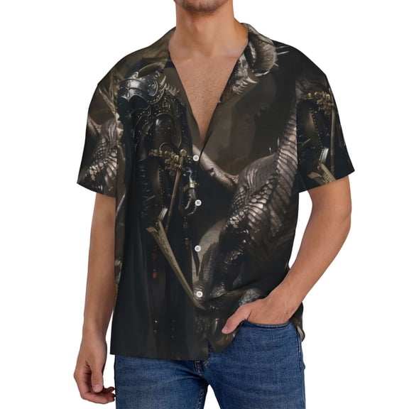 Rateoe Medieval Knight And Dragon Print Mens Front Pocket Hawaiian Shirts Casual Shirts Short Sleeve Button Down Beach Tropical Shirts-XX-Large