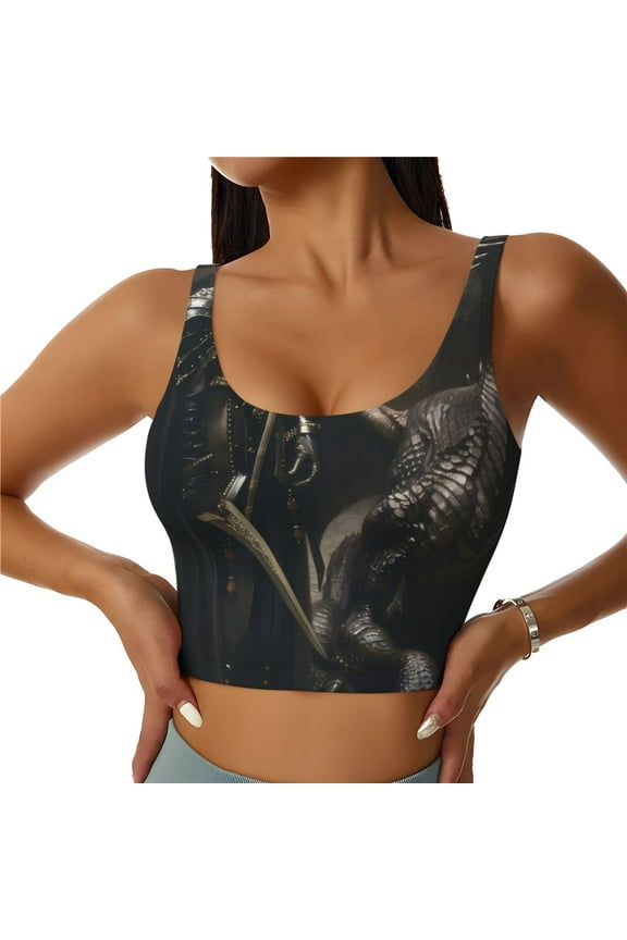 Medieval Knight And Dragon Print Womens' Sports Bras Scoop Neck Sports Vest- Padded U Back Seamless High Impact Support-
