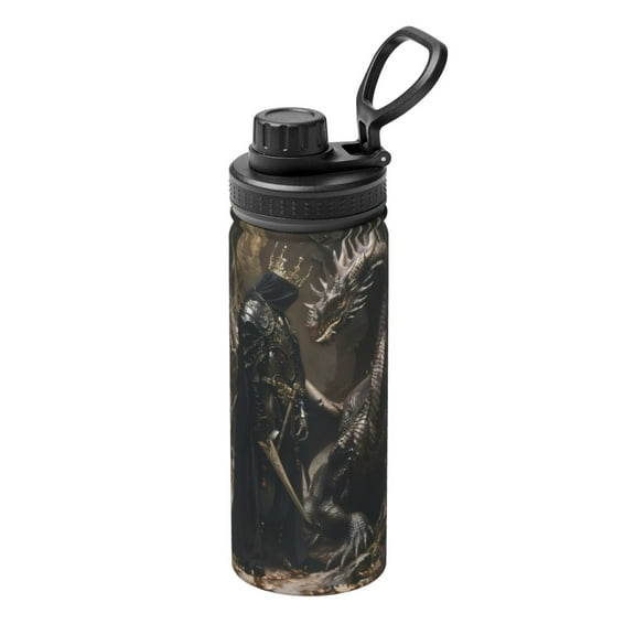 Rateoe Medieval Knight And Dragon Printed 18oz Sports Insulated Water Bottle, Double-Wall Stainless Steel Kettle with Leak-Proof Cap and Carry Loop, BPA-Free for Outdoor, Gym, Camping, and Travel