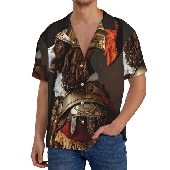 Rateoe Medieval Knight Dog Pattern Men's Short Sleeve Classic Shirt, Casual Short-Sleeved Shirt, Lightweight Summer Shirt, Cuban Collar Shirt,Button-Front Shirt-Small