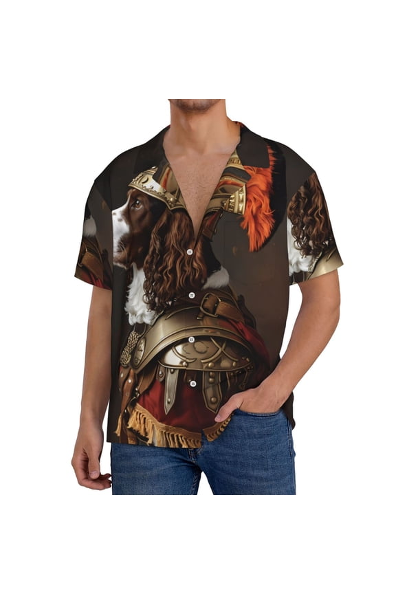 Medieval Knight Dog Pattern Men's Short Sleeve Classic Shirt, Casual Short-Sleeved Shirt, Lightweight Summer Shirt, Cuban Collar Shirt,Button-Front Shirt-Small
