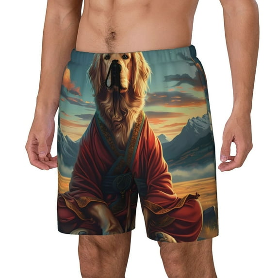 Rateoe Meditating Golden Retriever Pattern Men’s Swim Shorts with Compression Liner – Double-Layered Quick-Dry Swimwear, Comfortable & Stretchy Beach Shorts-X-Large