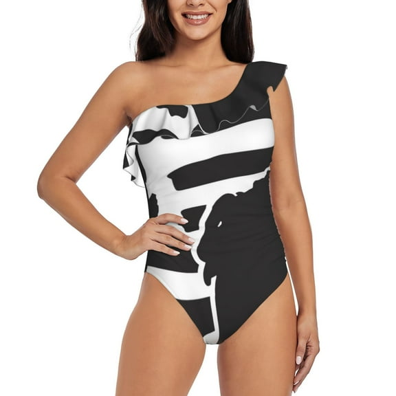 Rateoe Memorial Day1 Pattern Women One Piece Swimsuits Tummy Control One Shoulder Bathing Suits Ruffle Swimwear-XX-Large