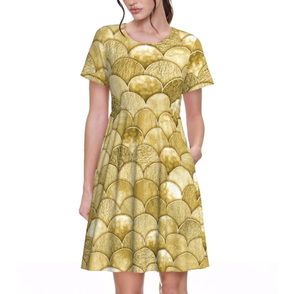 Rateoe Mermaid Fish Scale Pattern Women’s Short Sleeve Dress – Casual Elegant Summer A-Line Dress for Everyday Wear
