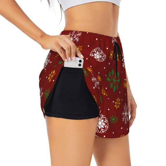 Rateoe Merry Christmas Printed 2 in 1 Women's Workout Shorts for Athletic Gym Running Shorts with Phone Pockets-Small
