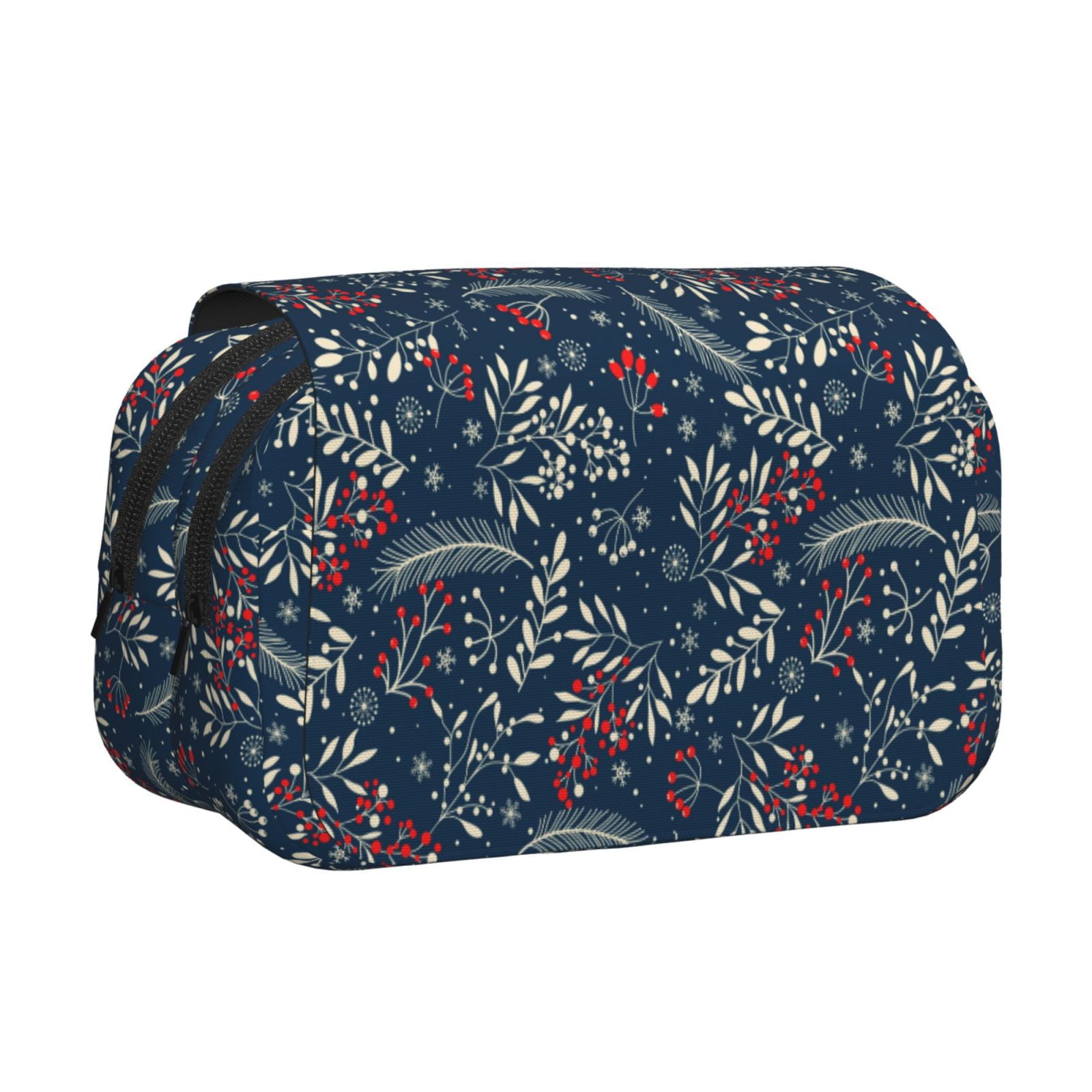 Rateoe Merry Christmas Winter Leaves Snowflakes Pattern Double Clamshell Pen Case, Storage Organizer with Two Zipper Compartments– Holds Up to 50 Pencils & Pens