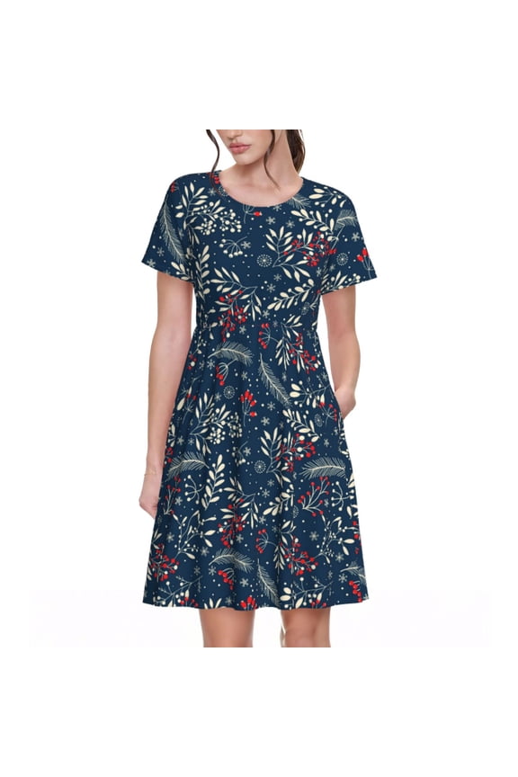 Merry Christmas Winter Leaves Snowflakes Pattern Women’s Short Sleeve Dress – Casual Elegant Summer A-Line Dress for Everyday Wear