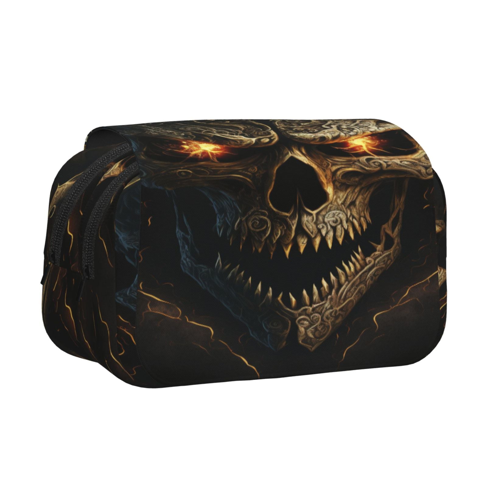 Rateoe Metal Evil Skull Pattern Double Clamshell Pen Case, Storage Organizer with Two Zipper Compartments– Holds Up to 50 Pencils & Pens
