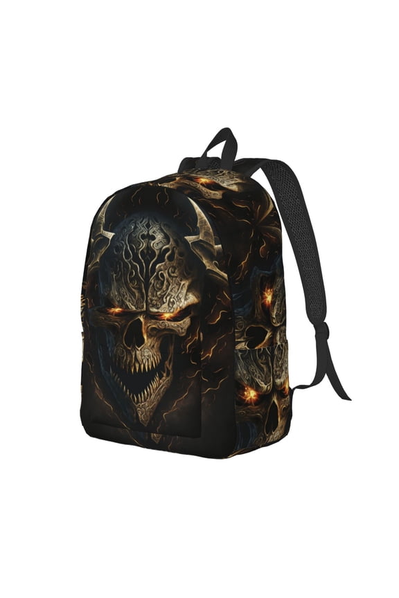 Metal Evil Skull Pattern Durable Canvas Backpack for Men & Women – Stylish & Lightweight – Adjustable Straps, Multiple Pockets – Fits 15-17 Inch LaptopsSmall