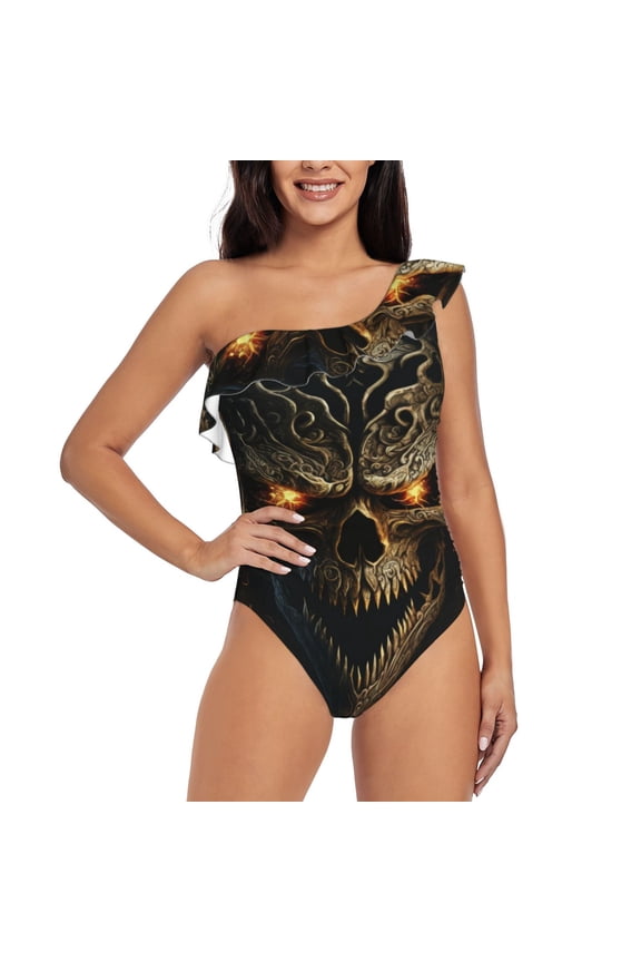 Metal Evil Skull Pattern Women One Piece Swimsuits Tummy Control One Shoulder Bathing Suits Ruffle Swimwear-Small