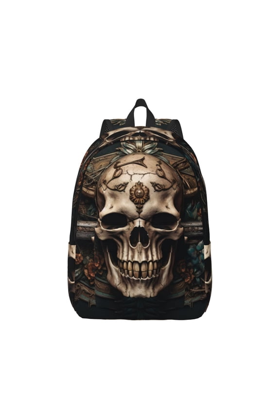 Metal Style Horned Skull Pattern Canvas College Laptop Backpack,Travel Daypack,Durable Rucksack Travel Notebook Bag School Backpack Book Bag for Men Women-Small