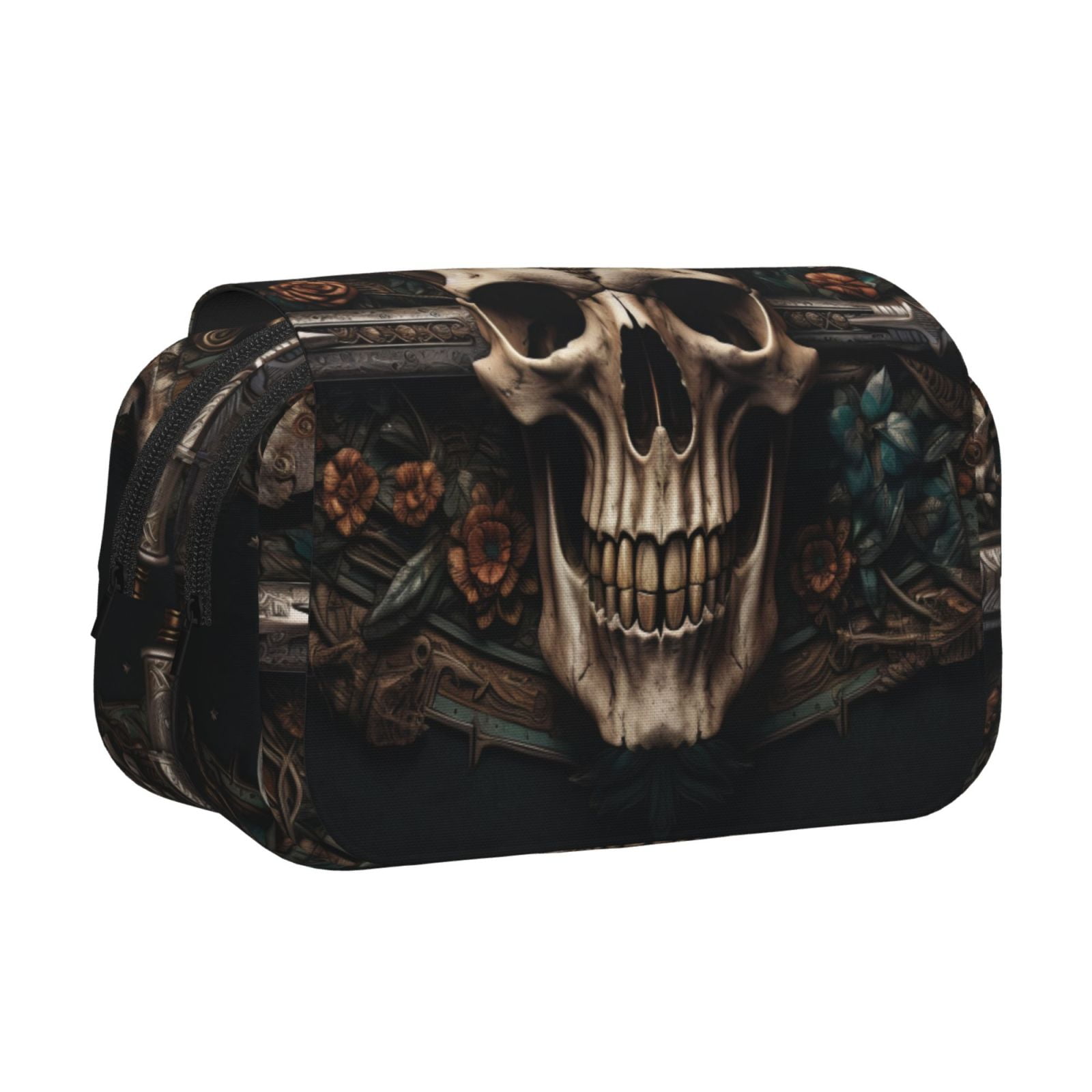 Rateoe Metal Style Horned Skull Pattern Double Clamshell Pen Case, Storage Organizer with Two Zipper Compartments– Holds Up to 50 Pencils & Pens