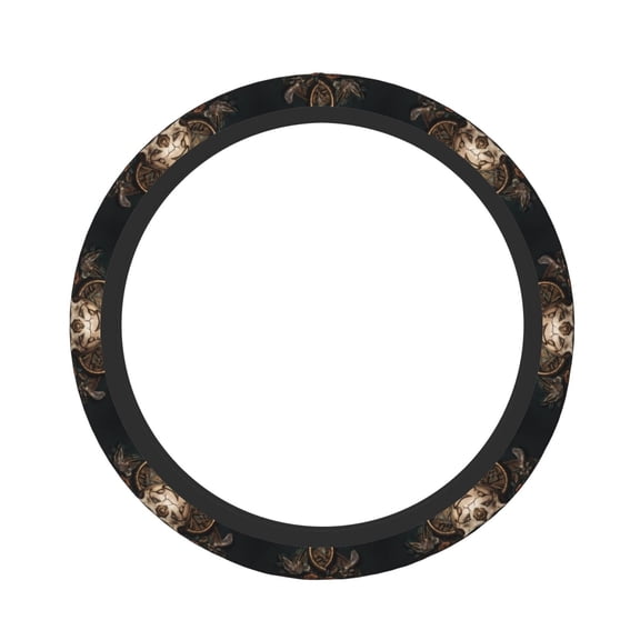 Rateoe Metal Style Horned Skull Pattern Elastic Stretch Steering Wheel Cover, Universal 15 inch, Microfiber Breathable , Anti-Slip, Odorless, Easy Carry