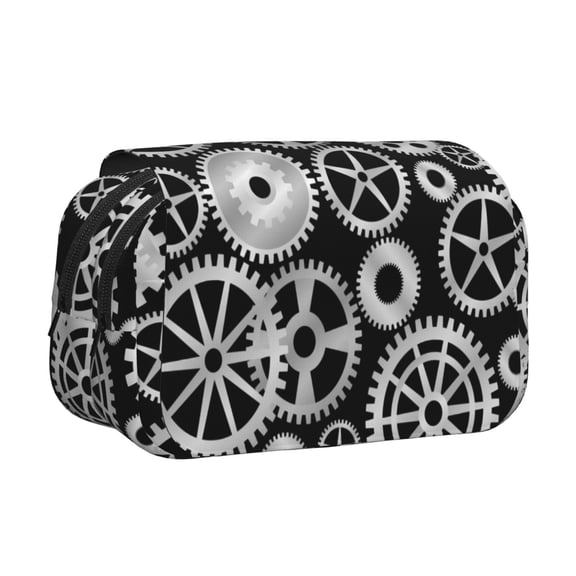 Rateoe Metallic Gears Pattern Double Clamshell Pen Case, Storage Organizer with Two Zipper Compartments Holds Up to 50 Pencils & Pens