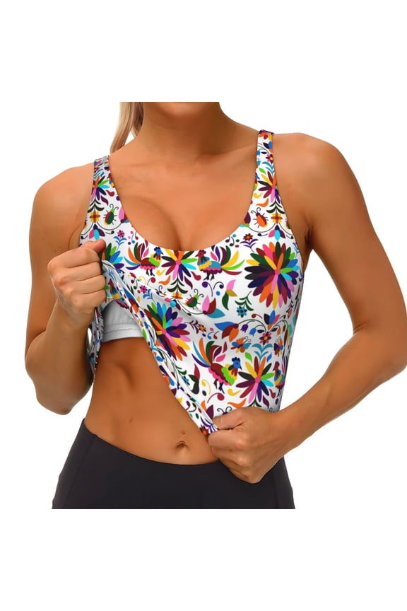Mexican Bright Style Print Womens' Sports Bras Scoop Neck Sports Vest- Padded U Back Seamless High Impact Support