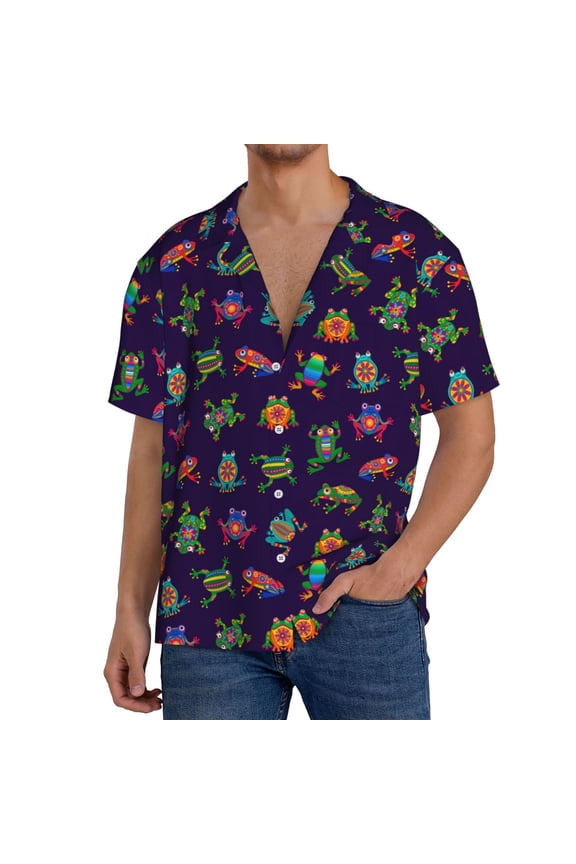 Mexican Frogs Print Mens Front Pocket Hawaiian Shirts Casual Shirts Short Sleeve Button Down Beach Tropical Shirts-Large