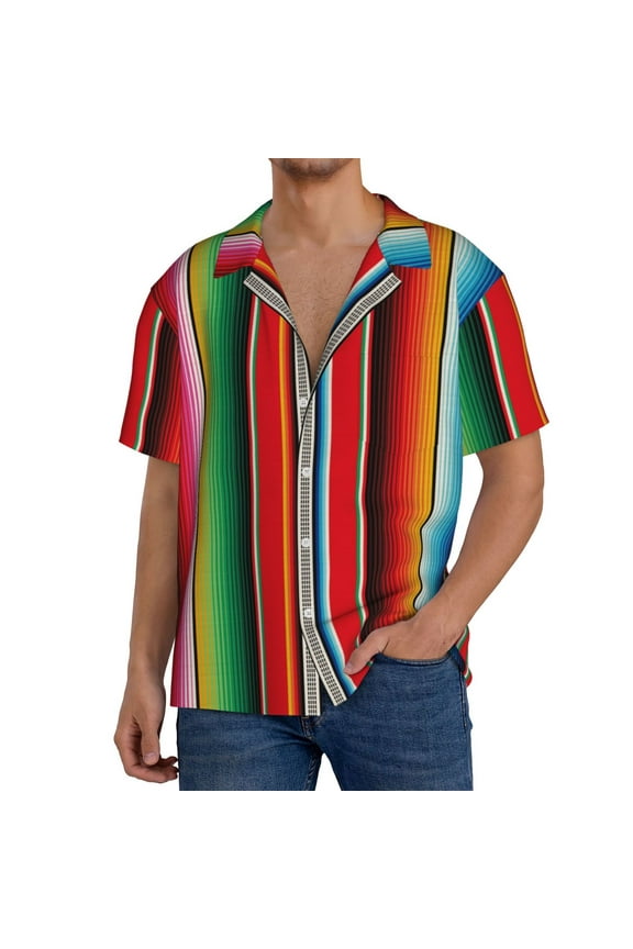 Mexican Serape Blanket Stripes Print Mens Front Pocket Hawaiian Shirts Casual Shirts Short Sleeve Button Down Beach Tropical Shirts-Large