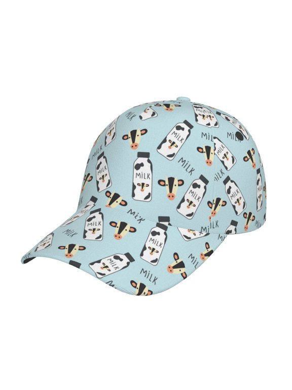 Milk Bottles And Cow Head Pattern Mens Baseball Cap Adjustable Curved Brim Hat, Soft Cotton Sports Cap for Outdoor, Casual, and Everyday Wear, Comfortable & Breathable