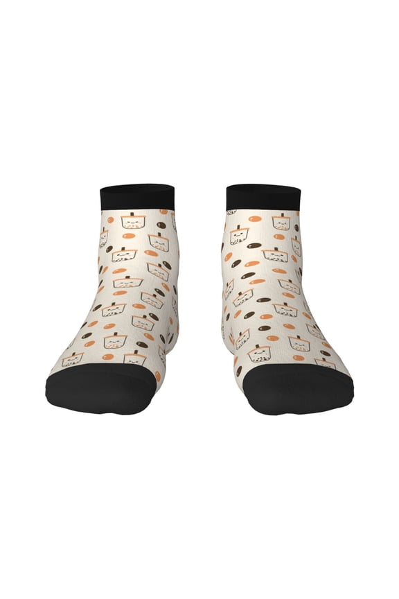 Milk Tea Pattern Quarter Crew Socks,Toe Seamed Ankle Socks,Cotton Cushioned Breathable Athletic Crew Sports Socks