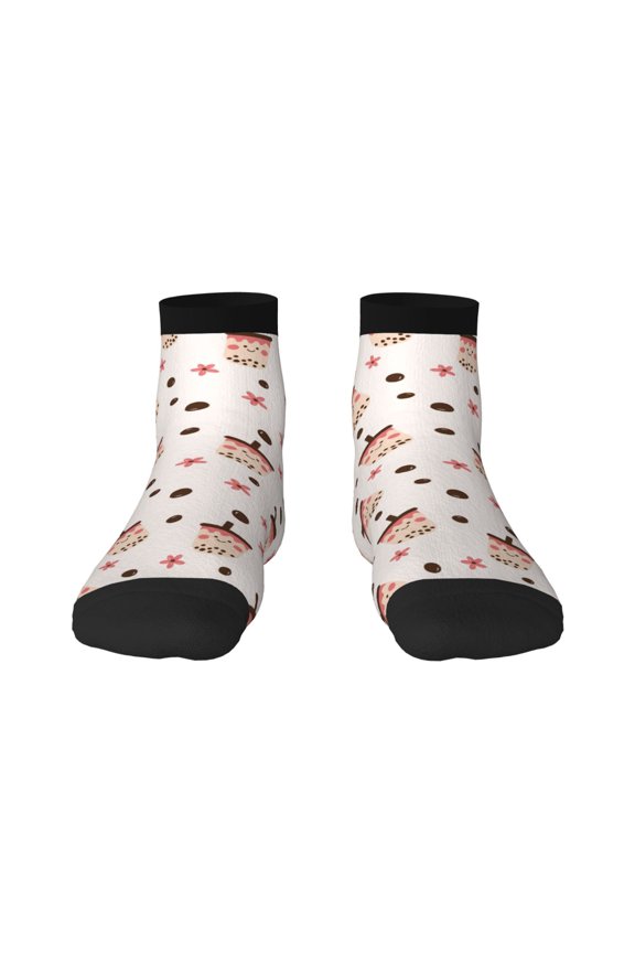 Milk Tea Pattern Quarter Crew Socks,Toe Seamed Ankle Socks,Cotton Cushioned Breathable Athletic Crew Sports Socks
