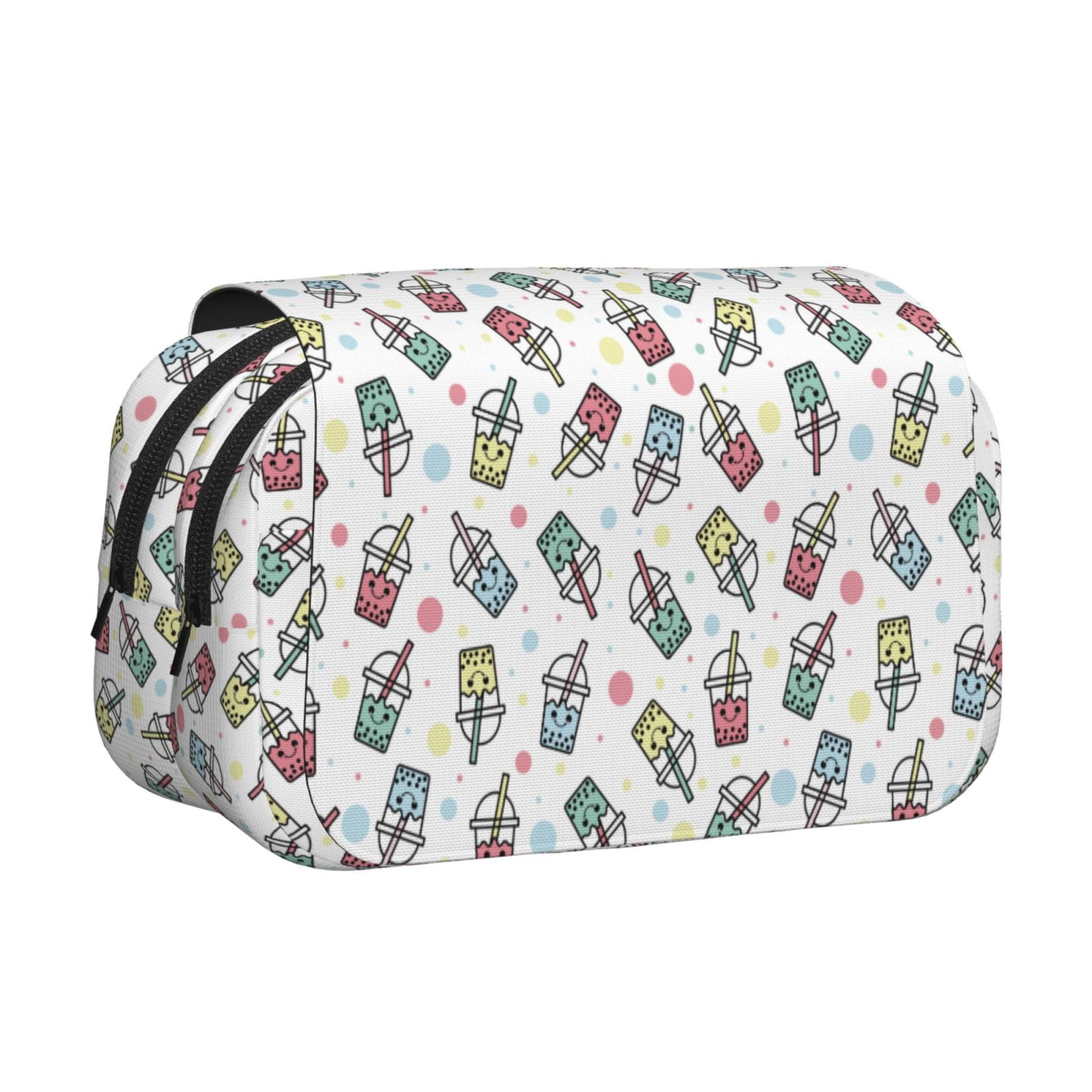 Rateoe Milk Tea2 Pattern Double Clamshell Pen Case, Storage Organizer with Two Zipper Compartments– Holds Up to 50 Pencils & Pens