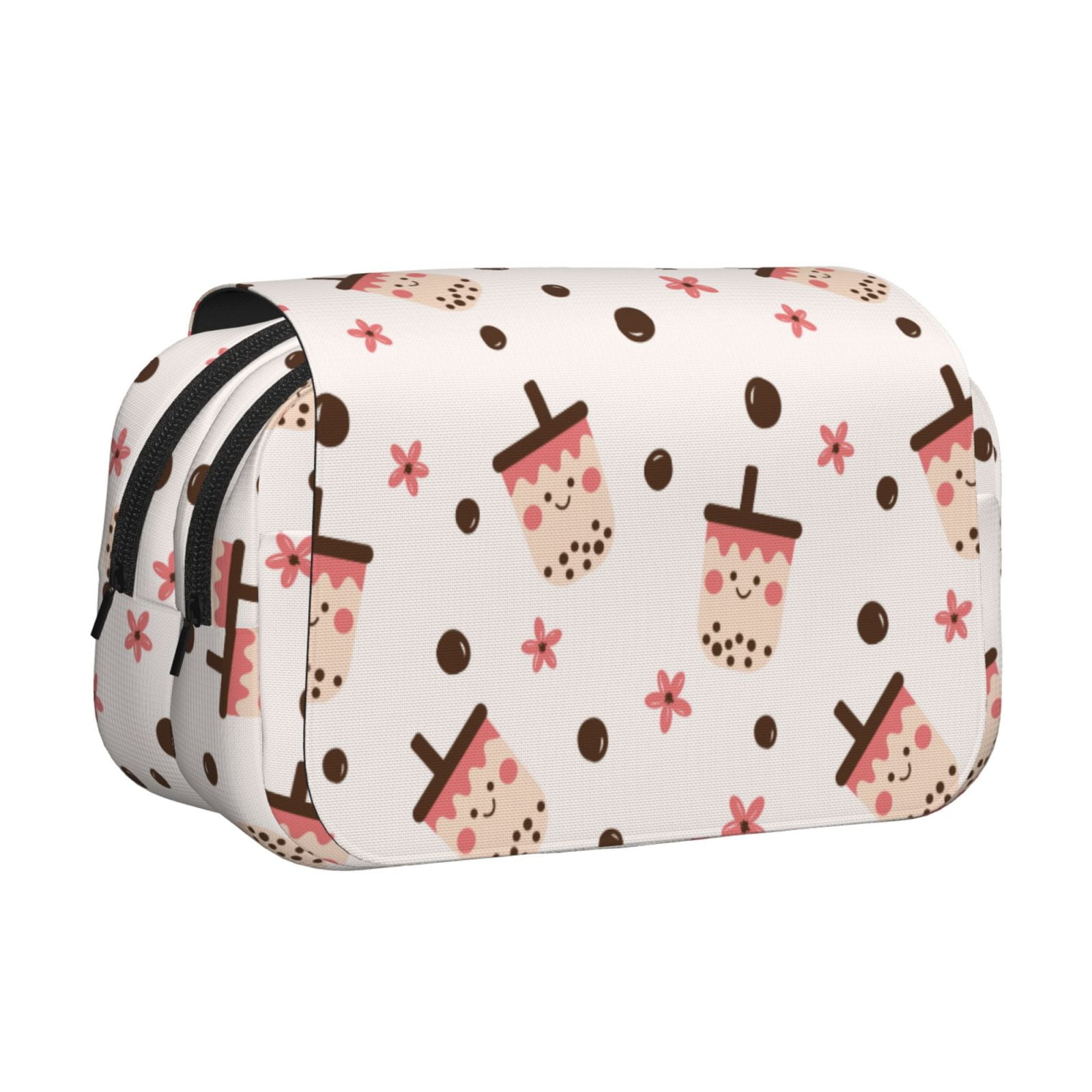 Rateoe Milk Tea4 Pattern Double Clamshell Pen Case, Storage Organizer with Two Zipper Compartments– Holds Up to 50 Pencils & Pens