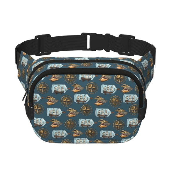 Rateoe Miniature Ship In Bottle Print Fanny Pack Belt Bag for Women and Men, Square Double-Layer Waterproof Waist Pack with Adjustable Strap for Hiking, Jogging, Cycling