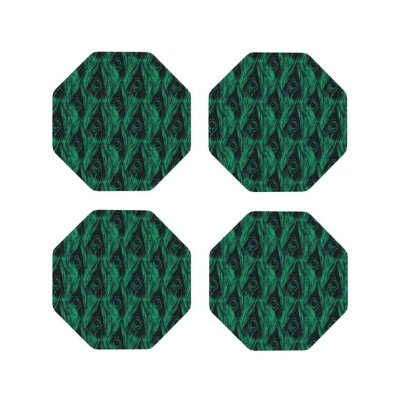Rateoe Mint Bird Feathers Drawing Drink Coasters Set of 4 Leather Coasters Spill Protection for Table Desk,Durable and Non Slip Leather Coaster ,4 Inches Drink Mats-Octagon