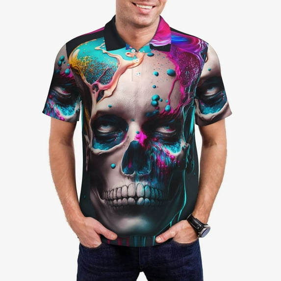 Rateoe Modern Abstract Colorful Skull B Pattern Men's Short Sleeve Polo Shirts, Golf Polo Shirts Short Sleeve Performance Moisture Wicking Dry-XX-Large